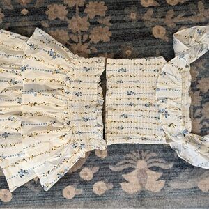 Smocked Floral Two-Piece Set in White with Blue and Yellow Flowers
